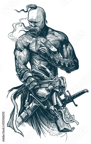 Graphic detailed strong ukrainian cossack warrior smoking pipe and holding sword. Black and white vector on white background.