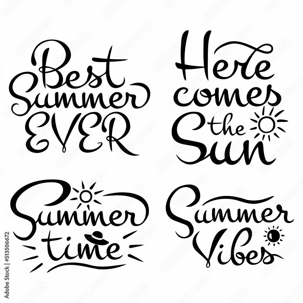 Vector set of four calligraphic inscriptions on the theme of the sun and summer in black on a white