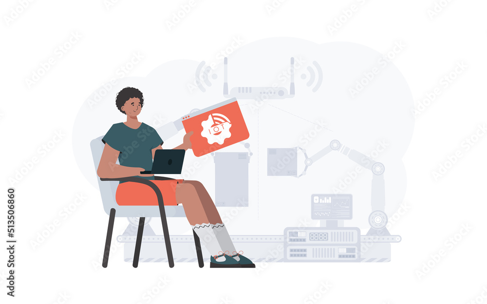 The guy is holding an internet thing icon in his hands. Internet of things concept. Good for websites and presentations. Vector illustration in trendy flat style.