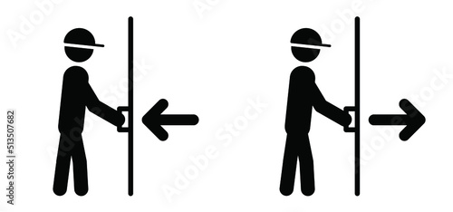 Push and pull door to open and exit icon or symbol, Stickman, stick figure man with door sign. Forward or backward, pulling or pushing yourself. Output, input pictogram