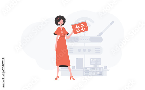 A woman is holding an internet thing icon in her hands. Internet of things concept. Good for websites and presentations. Vector illustration in flat style.