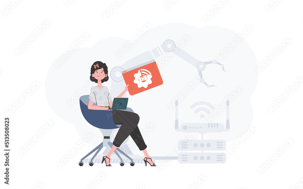 A woman is holding an internet thing icon in her hands. Internet of things concept. Good for presentations and websites. Trendy flat style. Vector. A woman is holding an internet thing icon in her hands. Internet of things concept. Good for presentations and websites. Trendy flat style. Vector.
