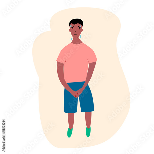 Urinary incontinence problem. African american boy hands holding his crotch, male gender want to pee all the time. Vector illustration. photo