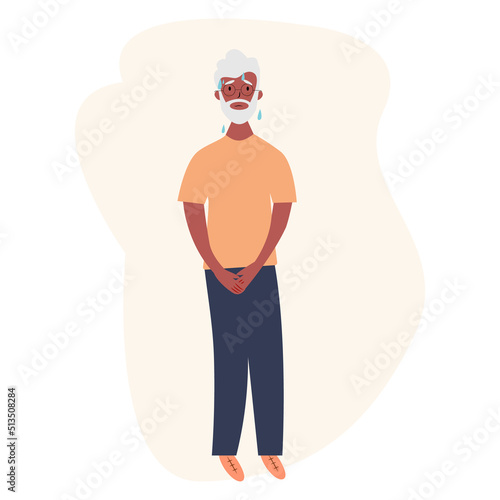 Urinary incontinence problem. Elderly african american men wants to pee. The old men feels pain in his groin. Experiencing pain. Flat vector illustration.