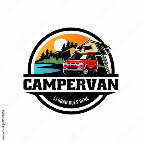 RV camper van vehicle with roof tent illustration logo vector