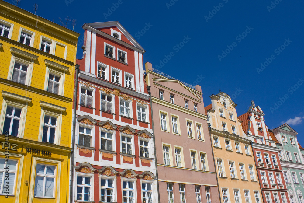 Facades of old historic houses on Market Square in Wroclaw, Poland