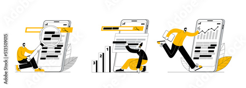 The SEO team is working on analytics and keyword selection for website promotion in search engines. A set of vector illustrations on SEO and website promotion on the Internet.