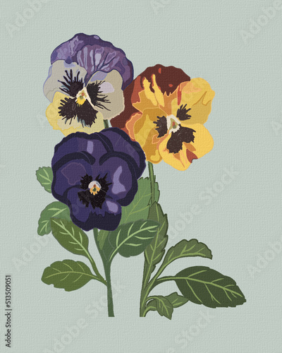 Vector illustration of two pansy flowers in a vintage hand-drawn style on a textured light-grey background.