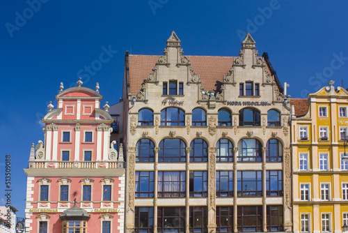Facades of old historic houses on Market Square in Wroclaw, Poland