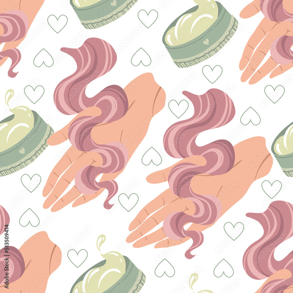 Hair care. Strand hair lies on hand, hair mask. Vector seamless Pattern. Light background, wallpaper, cartoon style. Colorful trendy illustration
