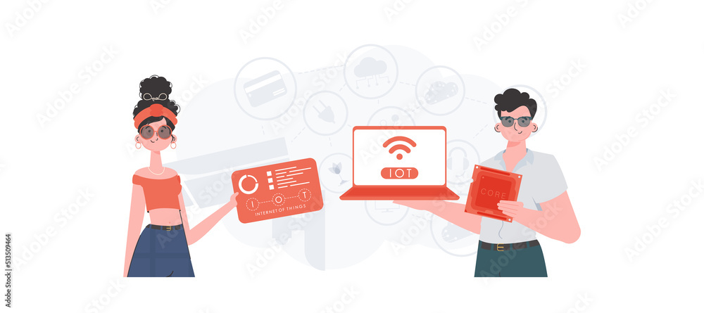 A man and a woman are a team in the field of the Internet of things. IoT concept. Good for presentations and websites. Vector illustration.