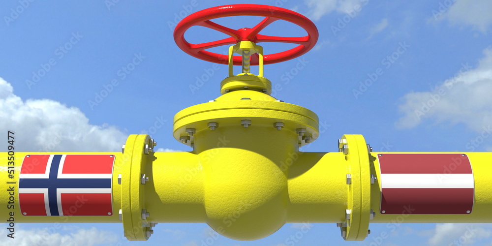 NORWAY LATVIA oil or gas transportation concept, pipe with valve. 3D rendering NORWAY LATVIA oil or gas transportation concept, pipe with valve. 3D rendering