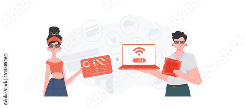 A man and a woman are a team in the field of the Internet of things. IoT concept. Good for presentations and websites. Vector illustration.