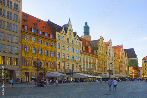 Facades of old historic houses on Market Square in Wroclaw, Poland 