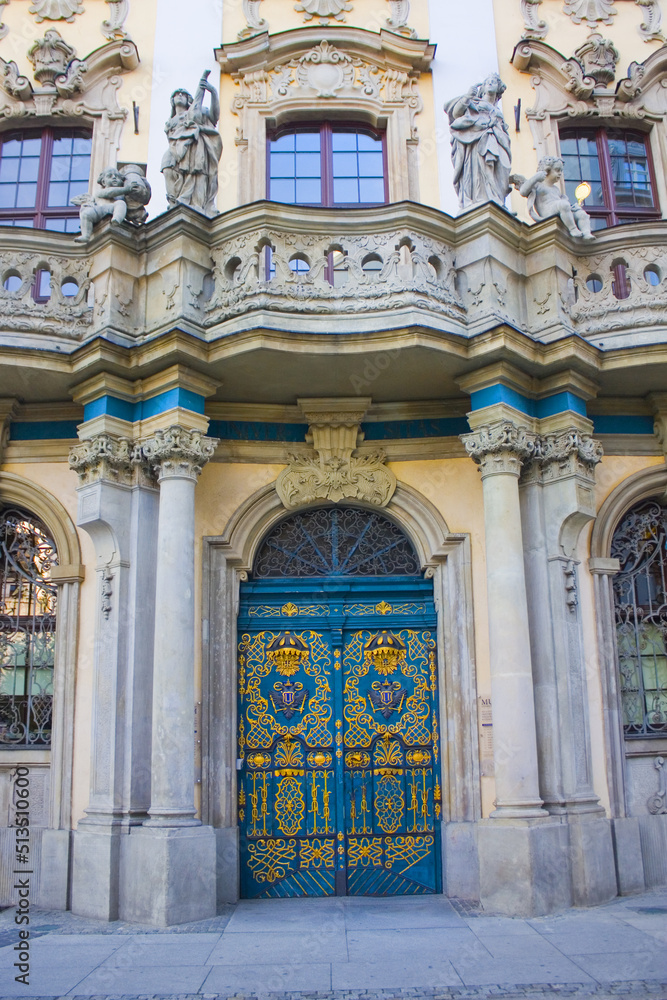 Luxury blue door of University Museum in Wroclaw, Poland