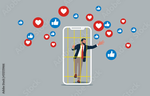 Young man Social Media Addiction Mobile Phone Prisoner. Health problems. Modern flat style concept vector illustration. Modern lifestyle.