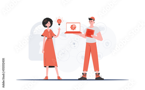 The girl and the guy are a team in the field of Internet of things. Internet of things concept. Good for presentations and websites. Vector illustration in flat style.