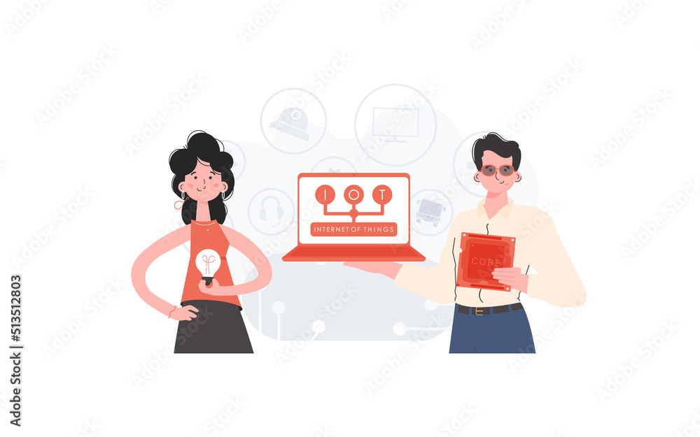 The girl and the guy are a team in the field of Internet of things. IoT concept. Good for websites and presentations. Vector illustration in flat style.