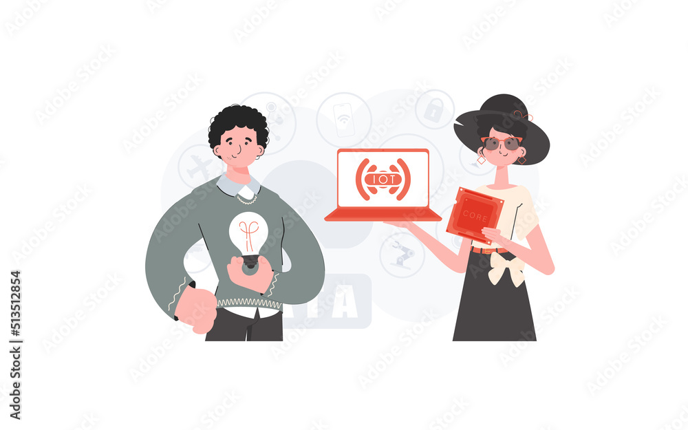 The girl and the guy are a team in the field of Internet of things. IoT concept. Good for websites and presentations. Trendy flat style. Vector. The girl and the guy are a team in the field of Internet of things. IoT concept. Good for websites and presentations. Trendy flat style. Vector.