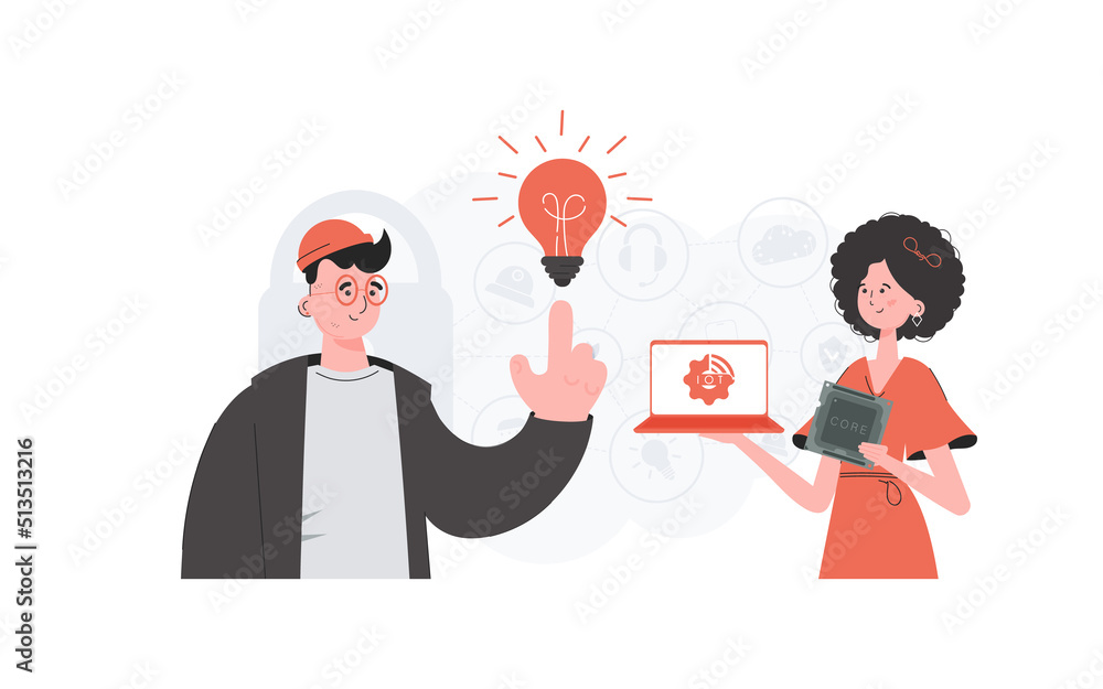 The girl and the guy are a team in the field of Internet of things. IoT concept. Good for presentations and websites. Trendy flat style. Vector.
