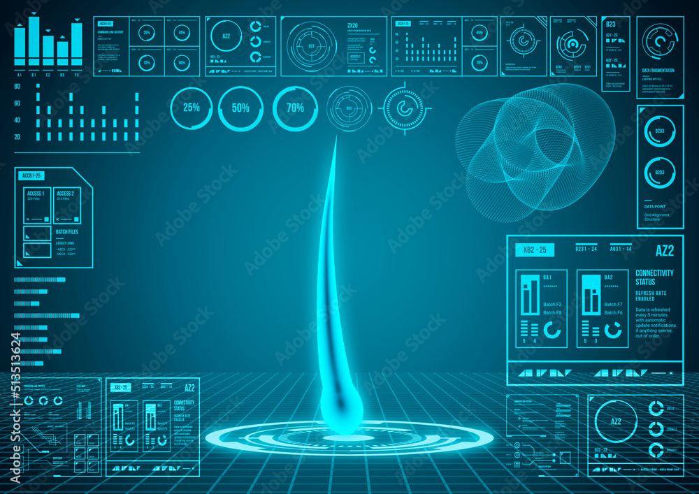 Blue hud ui hologram human hair analysis scan interface. Diagnosis of ...