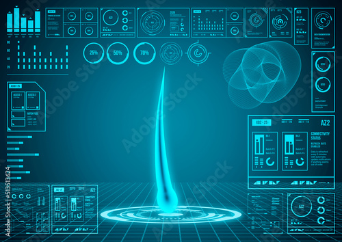 Blue hud ui hologram human hair analysis scan interface. Diagnosis of Hair Structure. Infographic futuristic medicine concept