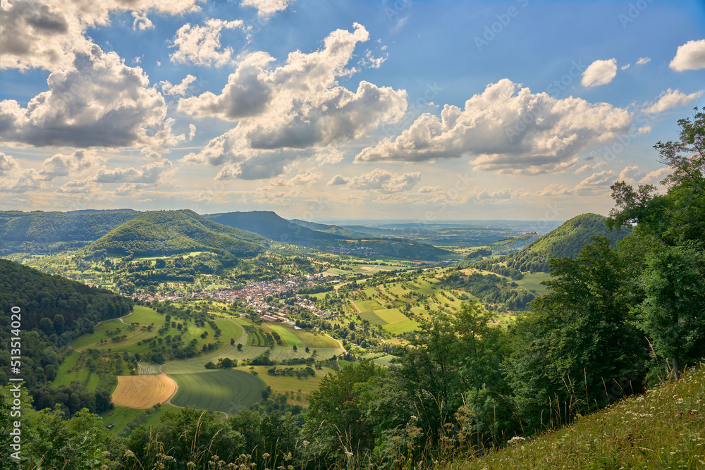 panoramic landscape at at a viewpoint on the Swabian Alb above village of Neidlingen, Baden-Württemberg, Germany panoramic landscape at at a viewpoint on the Swabian Alb above village of Neidlingen, Baden-Württemberg, Germany