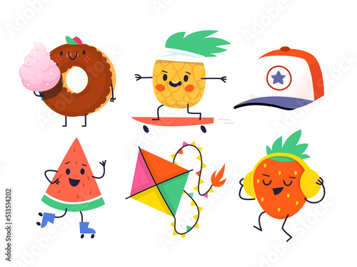 Collection of funny cartoon characters having fun enjoying summer day. Stickers for designs of cards and invitations for summer events and parties. Isolated vector images.