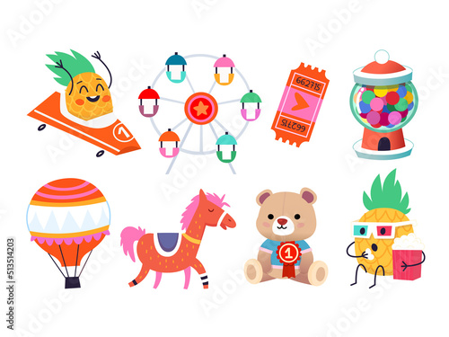 Collection of images for funfair invitations designs, for funny cards, cute decorations. Stickers representing summer fun at a fair. Isolated vector images.