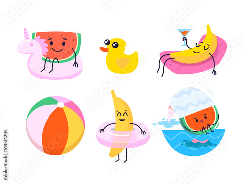 Collection of characters and images related to pool and beach fun. Designs for posters, invitations, cards, textile prints. Isolated vector images.