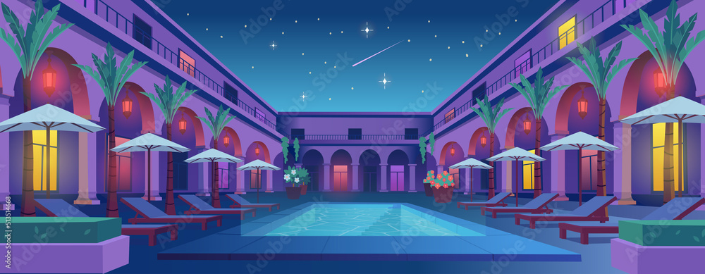 Naklejka premium Vacation. Hotel with swimming pool, and garden, sunbeds and umbrellas. Vector illustration.