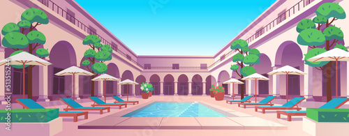 Vacation. Hotel with swimming pool, and garden, sunbeds and umbrellas. Vector illustration.