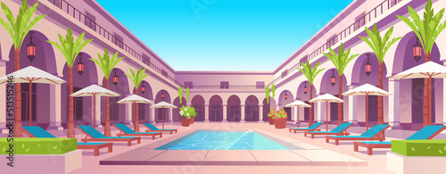 Vacation. Hotel with swimming pool, and garden, sunbeds and umbrellas. Vector illustration.