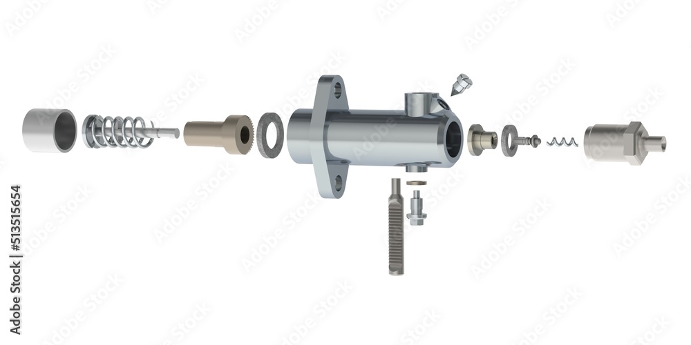Automotive fuel pump isolated on white background 3D rendering exploded view Automotive fuel pump isolated on white background 3D rendering exploded view