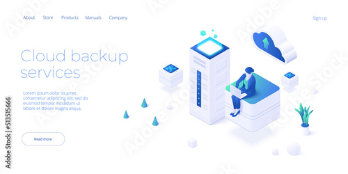 Cloud storage download isometric vector illustration. Digital service or app with data transfering. Online computing technology. 3d servers and datacenter connection network.