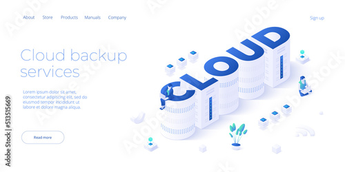 Cloud storage download isometric vector illustration. Digital service or app with data transfering. Online computing technology. Server center and datacenter network