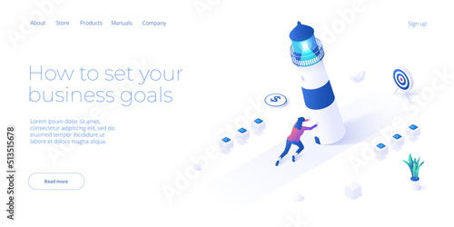 Business vision and mission vector illustration in isometric design. Strategy and corporate goal concept with lighthouse and businesswoman. Web banner layout