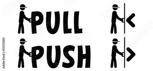 Push and pull door to open and exit icon or symbol, Stickman, stick figure man with door sign. Forward or backward, pulling or pushing yourself. Output, input pictogram