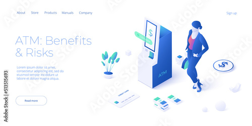 Queue near ATM machine in isometric vector design. Cash machine withdrawal or online money transfer. Internet banking smartphone pay. Website banner layout template