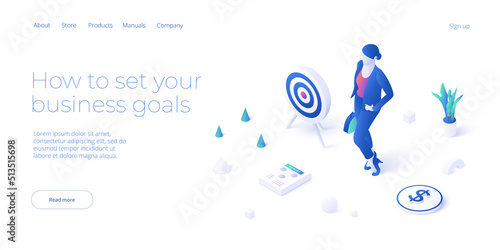 Business vision and mission vector illustration in isometric design. Strategy and corporate goal concept with abstract balls and businesswoman. Web banner layout.