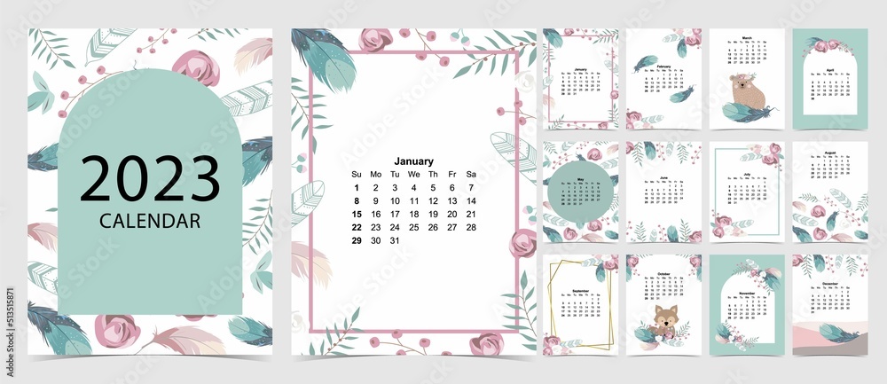 2023 table calendar week start on Sunday with color and flower that use for vertical digital and printable A4 A5 size