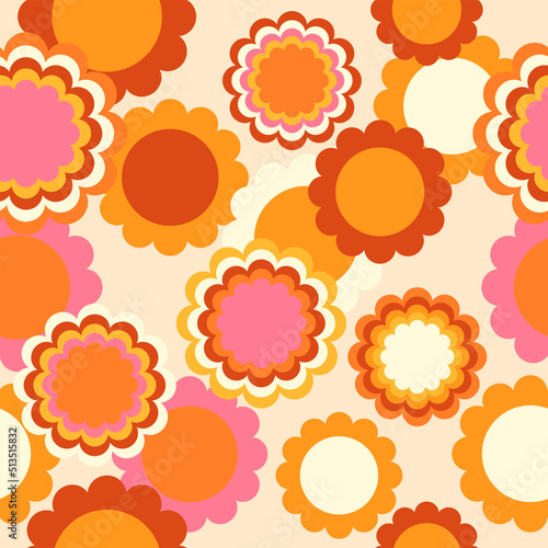 Hippie retro vector seamless pattern. Nostalgic 70s groovy print with geometric flowers. Vintage floral background. Textile and surface design in old fashioned colors