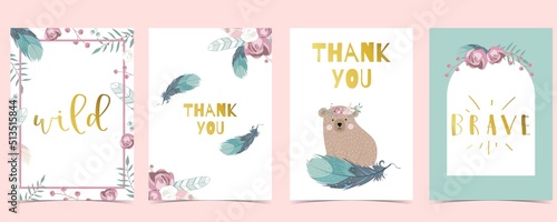Green flower baby shower invitation with bear,feather. Vector birthday invitation for kid and baby