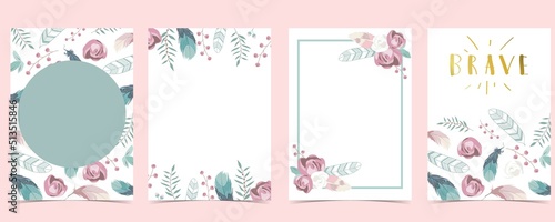 Green flower baby shower invitation with feather. Vector birthday invitation for kid and baby
