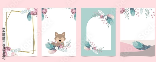 Green flower baby shower invitation with feather. Vector birthday invitation for kid and baby