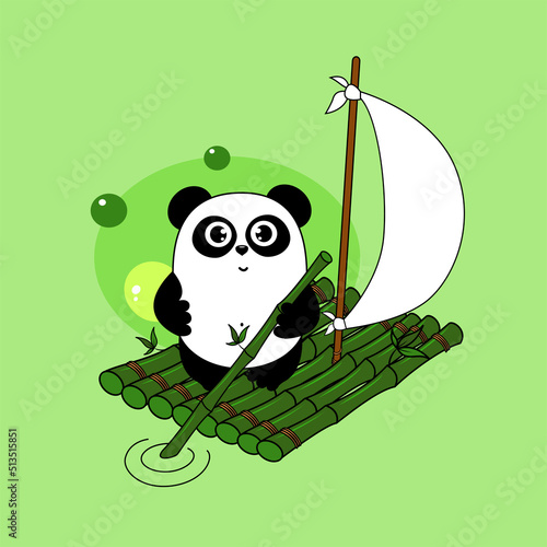 Cute cartoon panda float on bamboo raft. Funny character for your design. Green. Panda protect concept. Ecology, green energy.