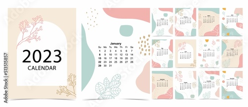 2023 table calendar week start on Sunday with color and flower that use for vertical digital and printable A4 A5 size
