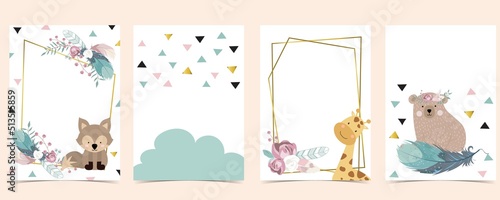 animal baby shower invitation with feather. Vector birthday invitation for kid and baby