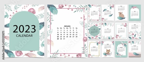 2023 table calendar week start on Sunday with color and flower that use for vertical digital and printable A4 A5 size