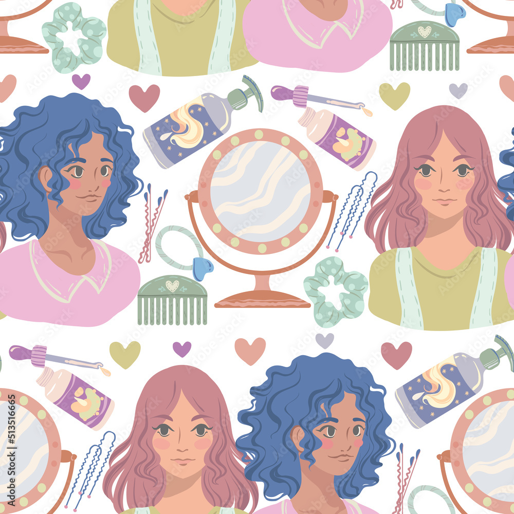 Various hair care items, girls in front of a mirror, balm, comb, elastic and hairpins, hair oil. Vector seamless Pattern. Light background, wallpaper, cartoon style Various hair care items, girls in front of a mirror, balm, comb, elastic and hairpins, hair oil. Vector seamless Pattern. Light background, wallpaper, cartoon style